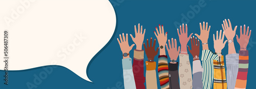 Group hand-up of multicultural and multiethnic men and women. Diversity equality and inclusion concept. People of different cultures. Speech bubble copy space. Blue background banner photo