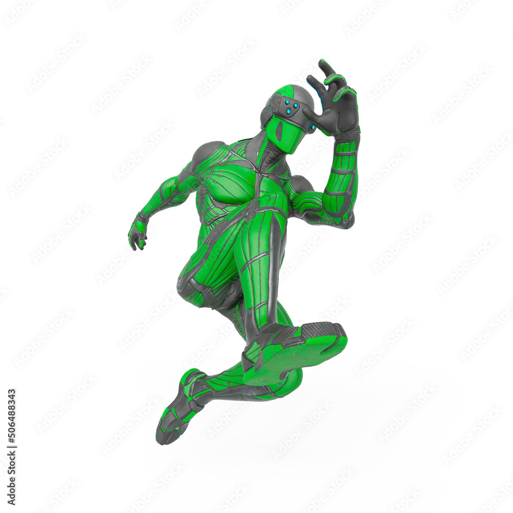 super hero in an exosuit is jumping in action super hero in an exosuit is jumping in action