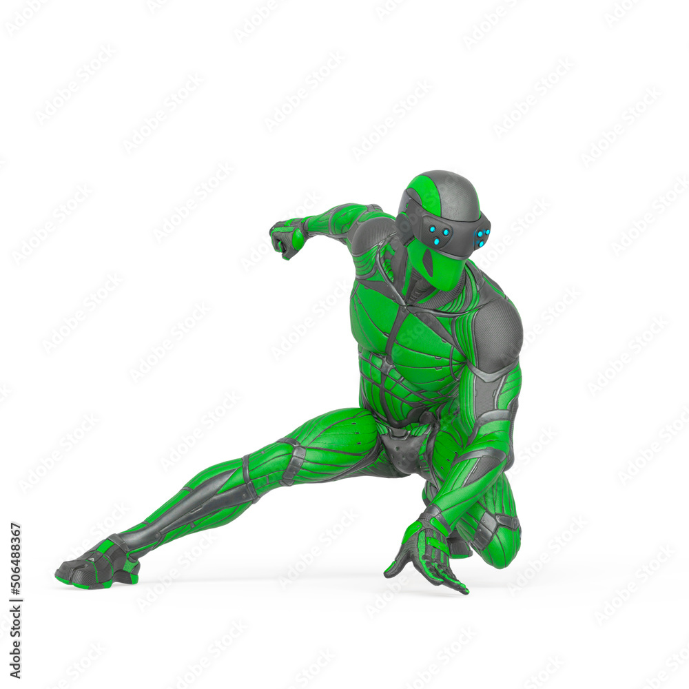 super hero is doing a comic action pose in an exosuit super hero is doing a comic action pose in an exosuit