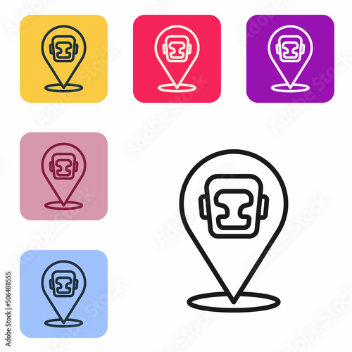Black line Boxing helmet icon isolated on white background. Set icons in color square buttons. Vector