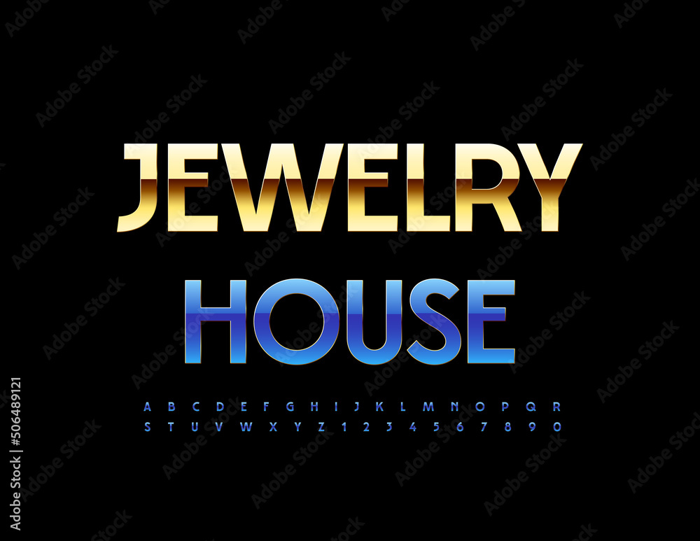 Obraz premium Vector elegant logo Jewelry House. Premium Alphabet Letters, Numbers and Symbols set. Modern Blue and Gold Font
