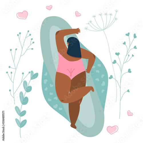 Vector illustrations with body positive girls lies on Menstrual Sanitary Pads. The menstrual period cycle, PMS and blood is NORMAL