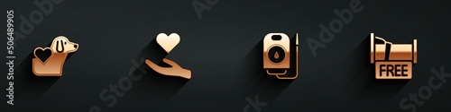 Set Heart with dog, in hand, Blood donation and Free overnight stay house icon with long shadow. Vector