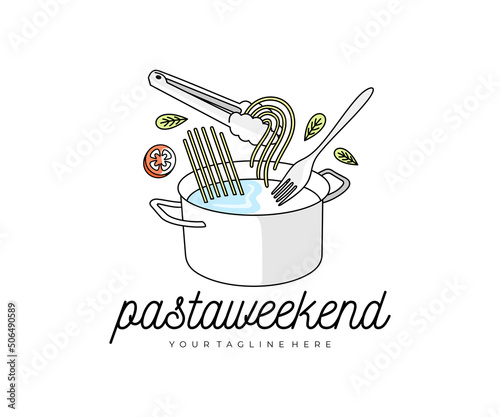 Pasta and spaghetti, saucepan, tongs and fork, logo design. Food, meal, vegetables, restaurant and catering, vector design and illustration