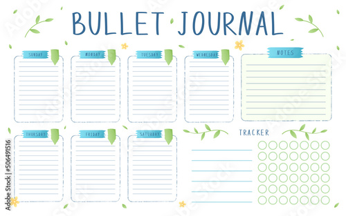 Weekly bullet journal plan. With notepad and habit tracker