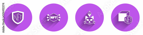 Set NFT shield, Digital crypto art, and icon with long shadow. Vector