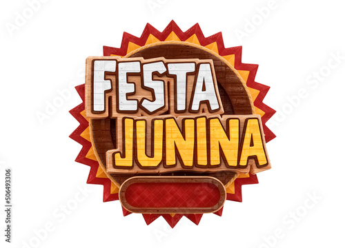 Selo 3D de São João Festa Junina com textura realista de madeira. 3D Render Isolado em fundo branco photo