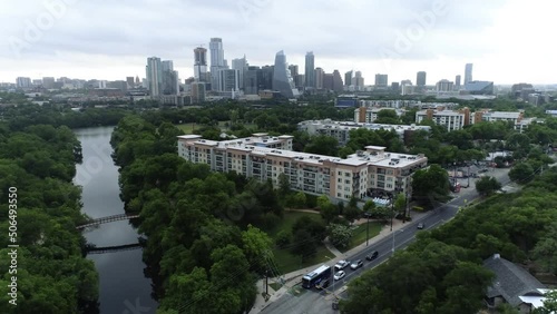 Austin Texas Barton Creek Drone Aerial Panning Early Spring Morning