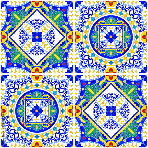 Seamless pattern of watercolor-painted multicolored mosaic tiles with hand-painted floral ornaments. Yellow, green, red, blue colors. In the style of traditional Spanish majolica ceramic painting