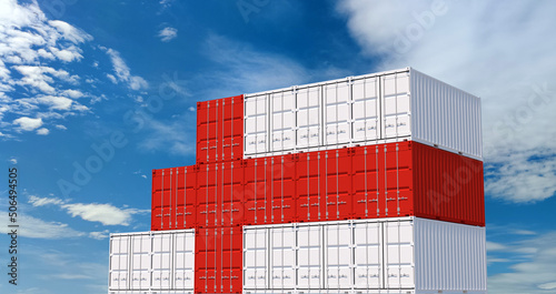 3D Illustration container. 3D rendering of England national flag color shipping container on blue sky. International logistics to England.