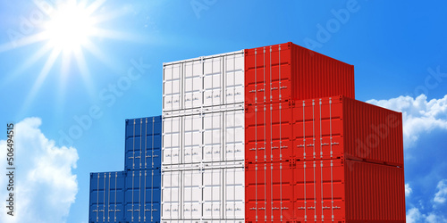 3D Illustration container. 3D rendering of France national flag color shipping container on blue sky. International logistics to France.