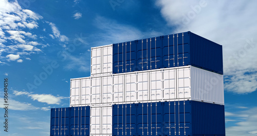 3D Illustration container. 3D rendering of Finland national flag color shipping container on blue sky. International logistics to Finland.