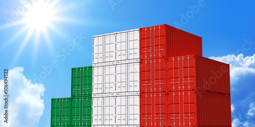 3D Illustration container. 3D rendering of Italy national flag color shipping container on blue sky. International logistics to Italy.