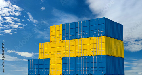 3D Illustration container. 3D rendering of Sweden national flag color shipping container on blue sky. International logistics to Scandinavia.