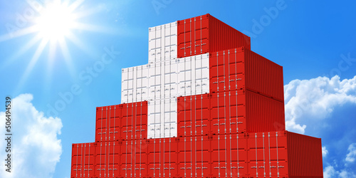 3D Illustration container. 3D rendering of Swiss national flag color shipping container on blue sky. International logistics to Switzerland.