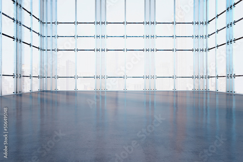 Abstract sunny spacious hall for presentation on high floor in business center with industrial style transparent walls, city view, high ceiling and dark concrete floor. 3D rendering, mock up