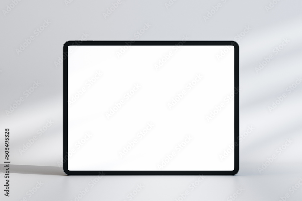 Blank white digital tablet display with copyspace for your logo in the center on abstract light background with sunny shadows. 3D rendering, mock up Blank white digital tablet display with copyspace for your logo in the center on abstract light background with sunny shadows. 3D rendering, mock up