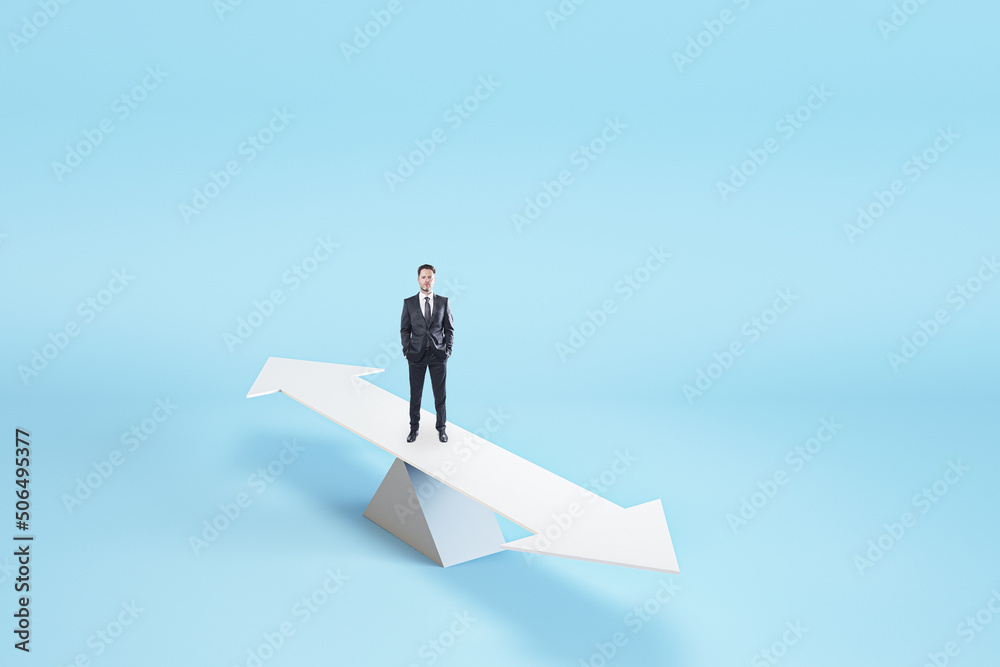 Businessman on white swing with arrows making decision which way is better, right choice concept Businessman on white swing with arrows making decision which way is better, right choice concept