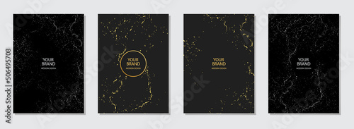 Cover set. Collection of black backgrounds, geometric gold pattern. Grunge texture with scratches and cracks. Vertical templates with place for text. Brochure, booklet, flyer, website design.