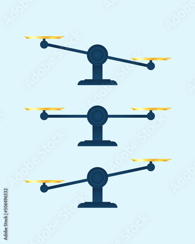 Scale vector set. Uneven balance scale icon. Clipart image isolated on blue background. 