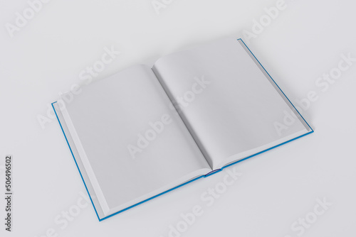 Mockup of a rectangular open book with a blank glossy, blue cover on white background. Isolated with clipping path.