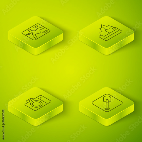 Set Isometric line Ore mining, Photo camera, Shovel and Topographic map icon. Vector
