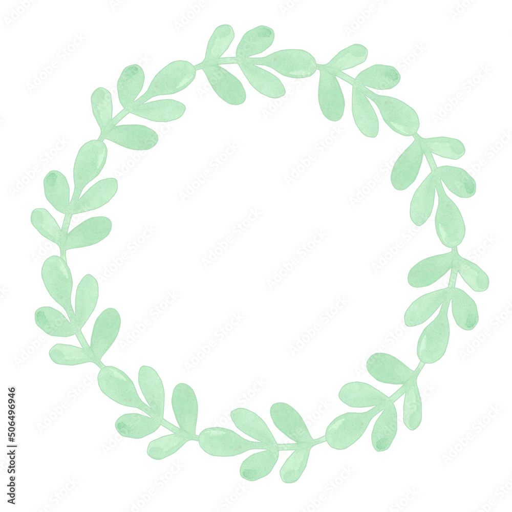 Watercolor Round frame made of green leaves. A wreath. Isolated on a white background. Watercolor Round frame made of green leaves. A wreath. Isolated on a white background.