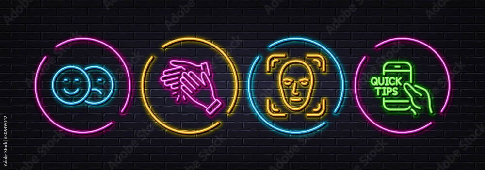 Clapping hands, Face detection and Like minimal line icons. Neon laser 3d lights. Education icons. For web, application, printing. Clap, Detect person, Social media dislike. Quick tips. Vector