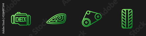 Set line Timing belt kit, Check engine, Car headlight and tire wheel. Gradient color icons. Vector