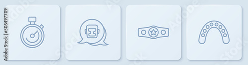 Set line Stopwatch, Boxing belt, helmet and Mouth guard boxer. White square button. Vector