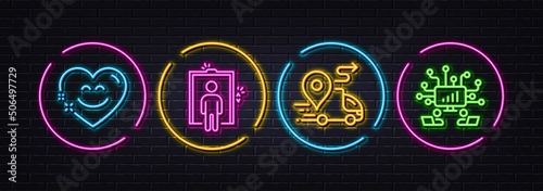 Smile chat, Delivery and Elevator minimal line icons. Neon laser 3d lights. Teamwork icons. For web, application, printing. Heart face, Truck route, Lift. Networking. Neon lights buttons. Vector