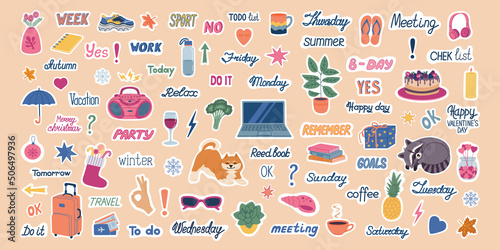 Big set of planning stickers . Cute weekly image and trendy lettering for diaries and organizers. Hand drawn vector illustration isolated on background. Flat cartoon style.