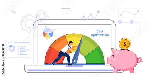 Cost optimization Idea balance Costs reduction strategy concept Isolated flat vector illustration web banner, landing page Marketing campaign management Control falling rate profit Decrease Minimising