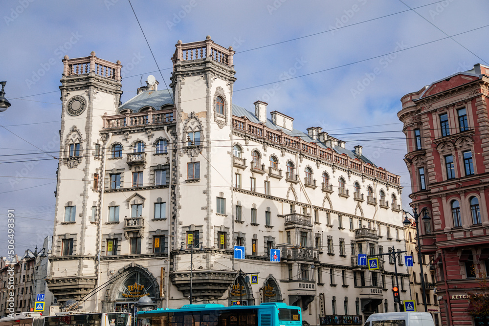 Saint Petersburg, Russia, 18 October 2021: Theater Russian Entreprise named after Andrei Mironov on Kamennoostrovsky avenue, Rosenstein Belogrud house with two towers, Neo-Gothic architecture