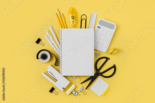 Mockup notebooks with School stationery supplies on yellow background. Concept back to school. Blank notebook with copy space