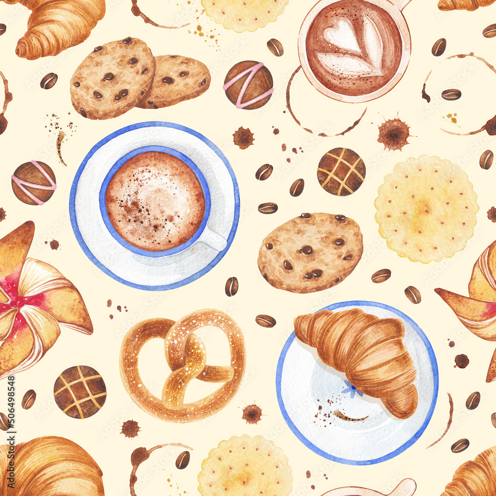 Watercolor seamless pattern with baking and coffee elements on a beige background.Hand-painted with croissants, cookies, chocolate, pretzel, strawberry pinwheel, coffee beans. Parisian breakfast. Watercolor seamless pattern with baking and coffee elements on a beige background.Hand-painted with croissants, cookies, chocolate, pretzel, strawberry pinwheel, coffee beans. Parisian breakfast.