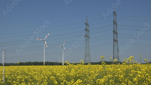 Gelb blühender Raps mit Hochspannungsmasten und Windkraftanlagen im Hintergrund. Nachwachsende Rohstoffe, regenerative Energie.