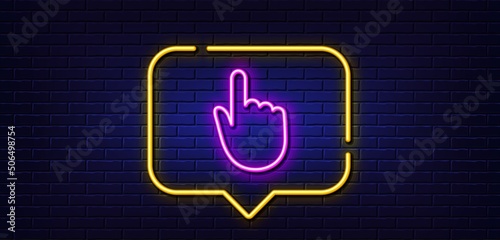 Neon light speech bubble. Hand Click line icon. Finger touch sign. Cursor pointer symbol. Neon light background. Hand click glow line. Brick wall banner. Vector