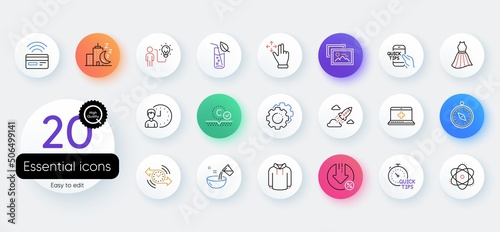 Simple set of Loan percent, Water glass and Dress line icons. Include Business idea, Night city, Medical help icons. Hoody, Atom, Travel compass web elements. Quick tips. Vector