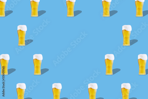 Pattern a large beer glass 3d render full of beer with foam on a blue background. Seamless texture pattern. 3D illustration with copy space.