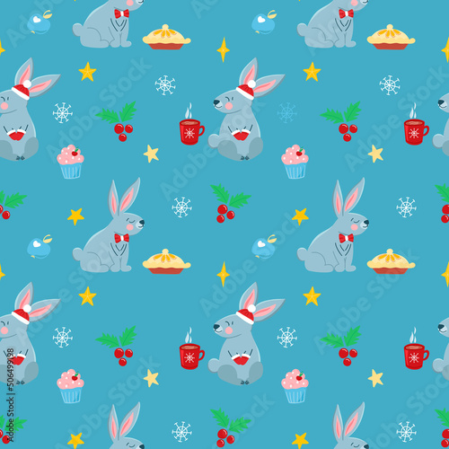 Vector pattern with cute gray rabbits, pie and hot cocoa, cartoon-style Christmas, symbol of the year, festive pattern for postcards, decoration, gift wrapping