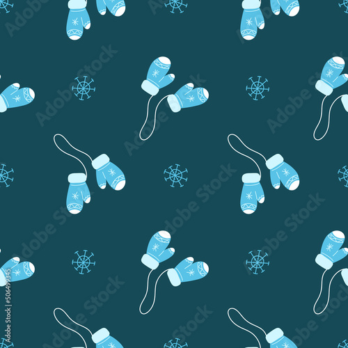 Vector pattern with blue knitted mittens and snowflakes, Christmas in cartoon style, symbol of the year, winter pattern for postcards, decoration, gift wrapping