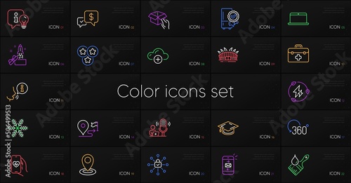 Set of Arena stadium, Mail and Snowflake line icons. Include Certified refrigerator, Green electricity, Stars icons. Security lock, Health app, Payment received web elements. Location. Vector