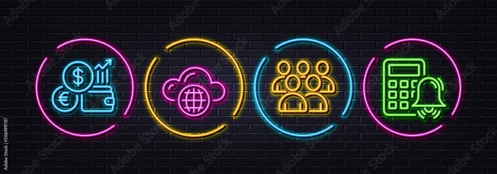 Cloud computing, Currency rate and Group minimal line icons. Neon laser 3d lights. Calculator alarm icons. For web, application, printing. Internet storage, Financial exchange, Developers. Vector