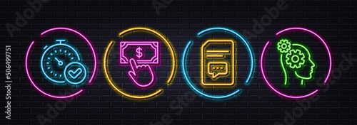 Payment click, Comments and Fast verification minimal line icons. Neon laser 3d lights. Thoughts icons. For web, application, printing. Financial transfer, Document with speech bubble, Timer. Vector