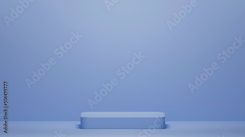 Abstract minimal scene with geometric shapes. Cubic podium on a blue background. Product presentation, mockup, cosmetic product show, podium, stage pedestal or platform. 3d render.