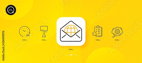 Table lamp, Inspect and Web mail minimal line icons. Yellow abstract background. Cogwheel, 24 hours icons. For web, application, printing. Bedside lamp, Research list, World communication. Vector