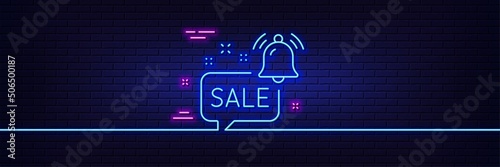 Neon light glow effect. Promotion bell line icon. Sale Alarm reminder sign. Notification offer symbol. 3d line neon glow icon. Brick wall banner. Promotion bell outline. Vector