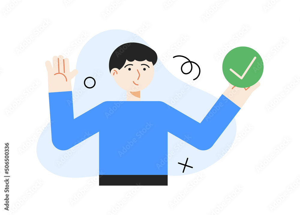 Person with check icon. Man with green icon. Check list concept. Vector illustration Person with check icon. Man with green icon. Check list concept. Vector illustration