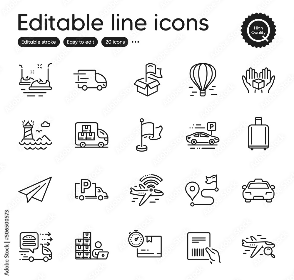 Set of Transportation outline icons. Contains icons as Truck parking, Delivery location and Inventory elements. Flag, Paper plane, Lighthouse web signs. Taxi, Baggage reclaim. Vector Set of Transportation outline icons. Contains icons as Truck parking, Delivery location and Inventory elements. Flag, Paper plane, Lighthouse web signs. Taxi, Baggage reclaim. Vector